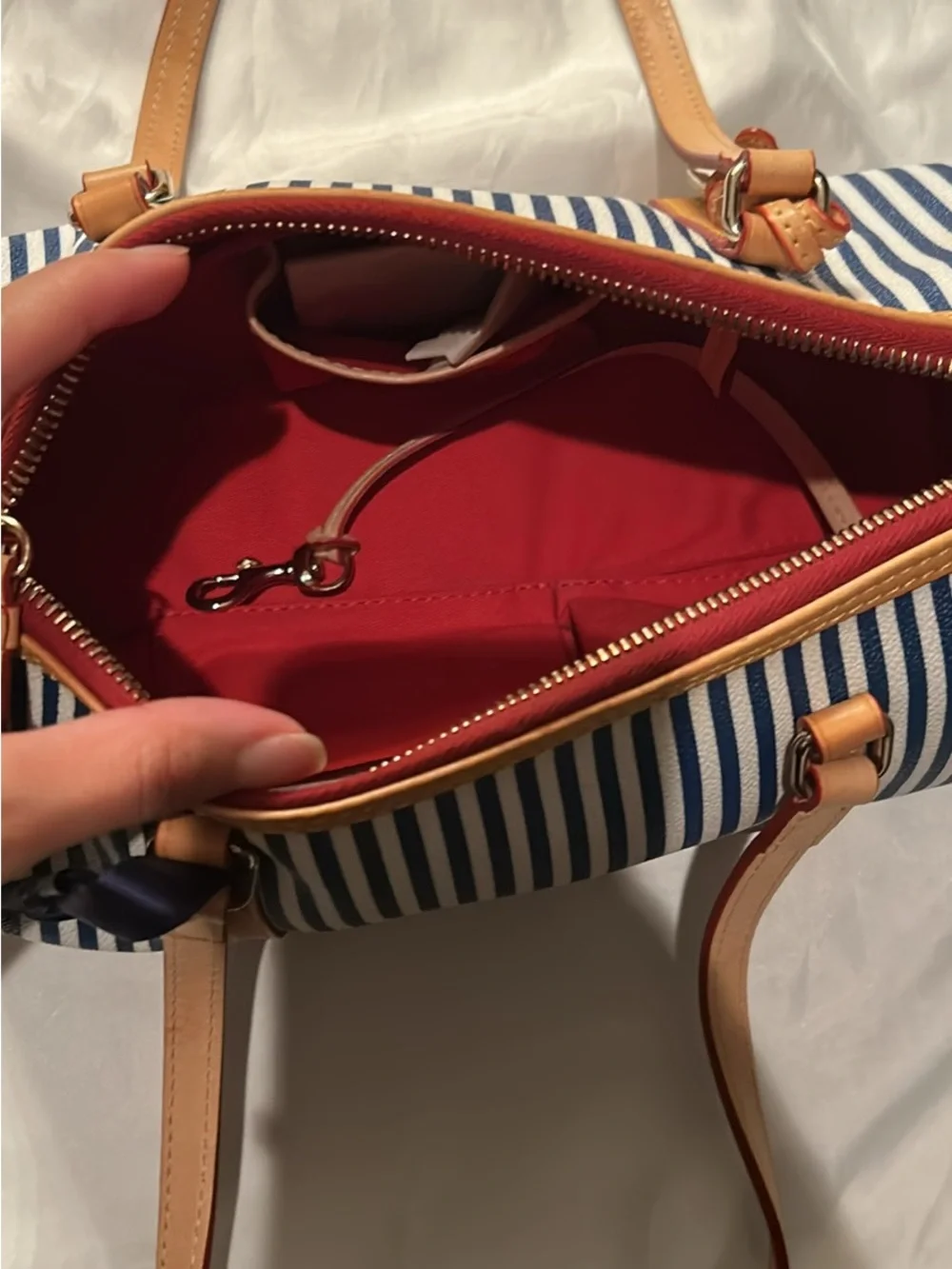 Dooney & Bourke Blue and White Striped Satchel with Tan Trim